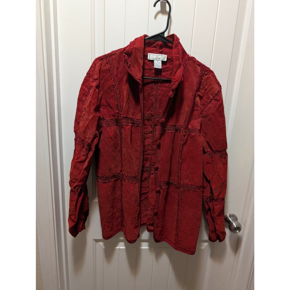 SMH BOUTIQUE S.M.H. RED SUEDE LEATHER KNIT & CROCHET TRIM JACKET SIZE XL